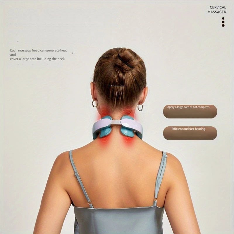 Soothe neck tension with this USB rechargeable heated neck massager. Features 4 massage modes, ergonomic 4-head design, and soothing heat for daily comfort.