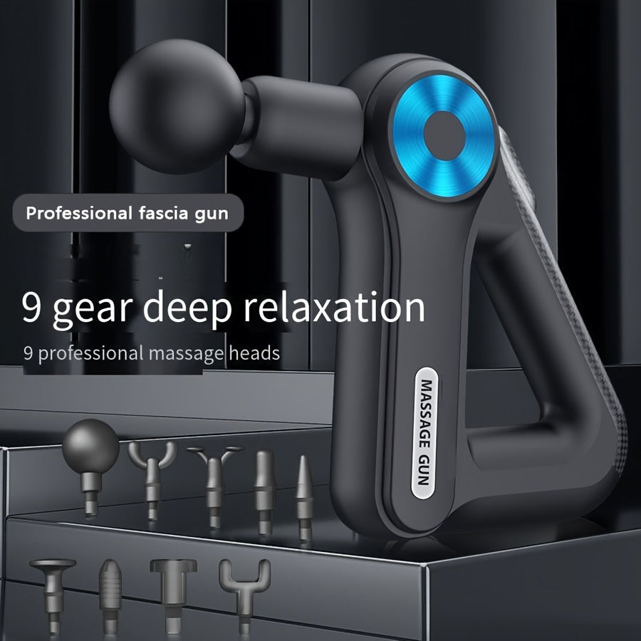 9-speed fascia massage gun with 9 heads. Deep tissue relief for sore muscles, improved circulation, and total body recovery anywhere.