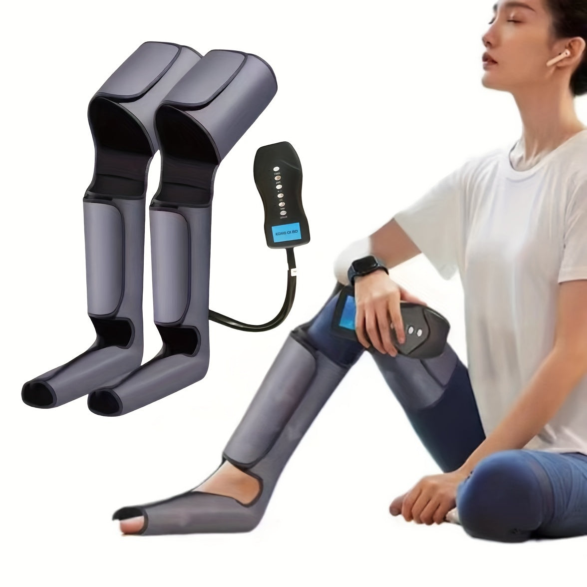 Rechargeable Air Compression Leg and Foot Massager with adjustable speed control. Portable relief for fibromyalgia, tension, and daily muscle fatigue.