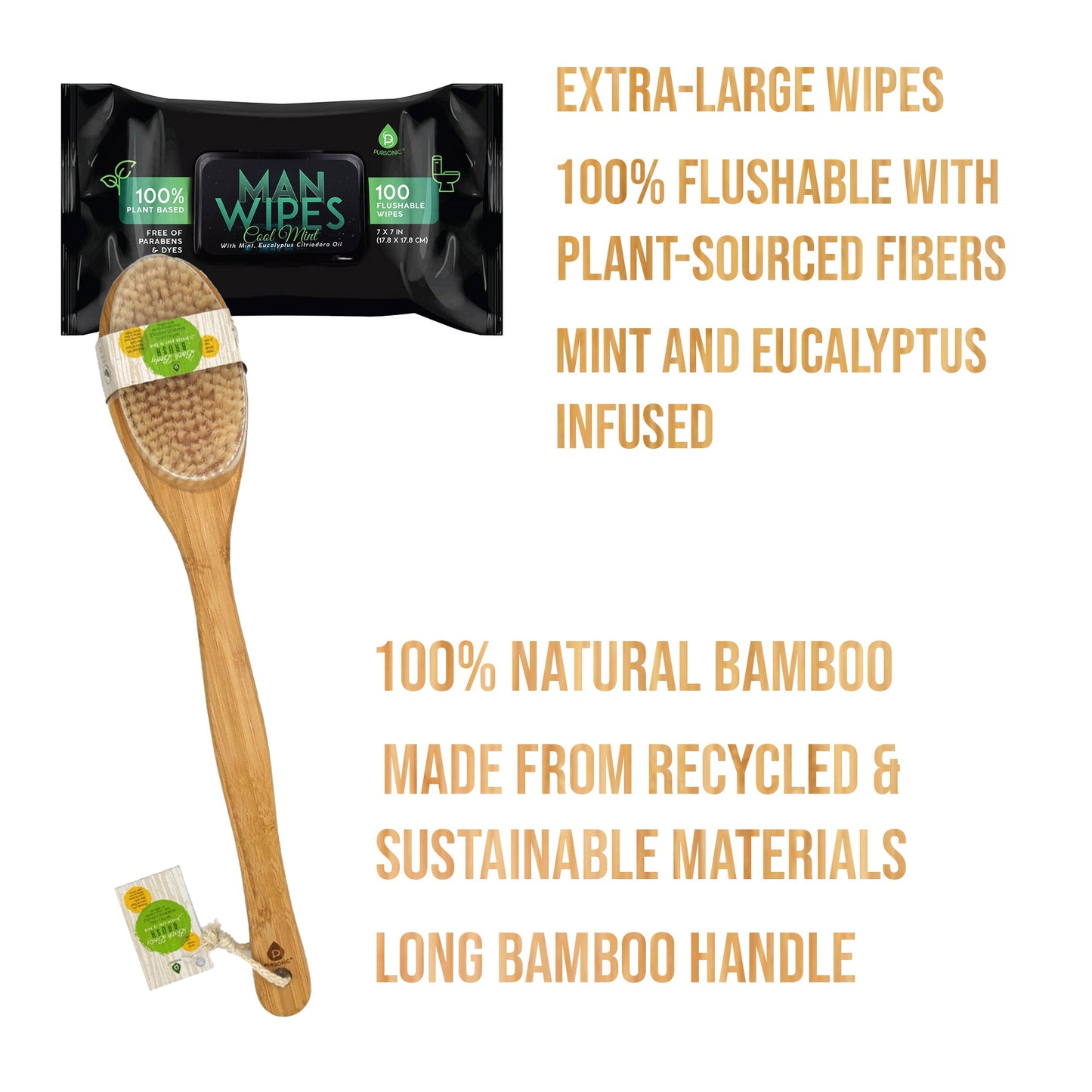 Clean & Refresh Bundle: 1200 Flushable Man Wipes (Mint Scented) - 12 Pack + Bath Body Brush With Long Bamboo Handle-1