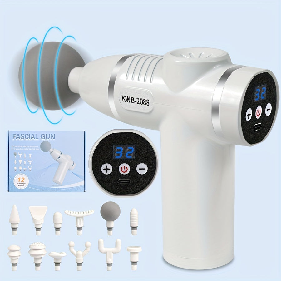 Portable 8-Speed Massage Gun with 12 heads and LCD display. Rechargeable, cordless, and perfect for deep tissue relief, recovery, and full-body relaxation.