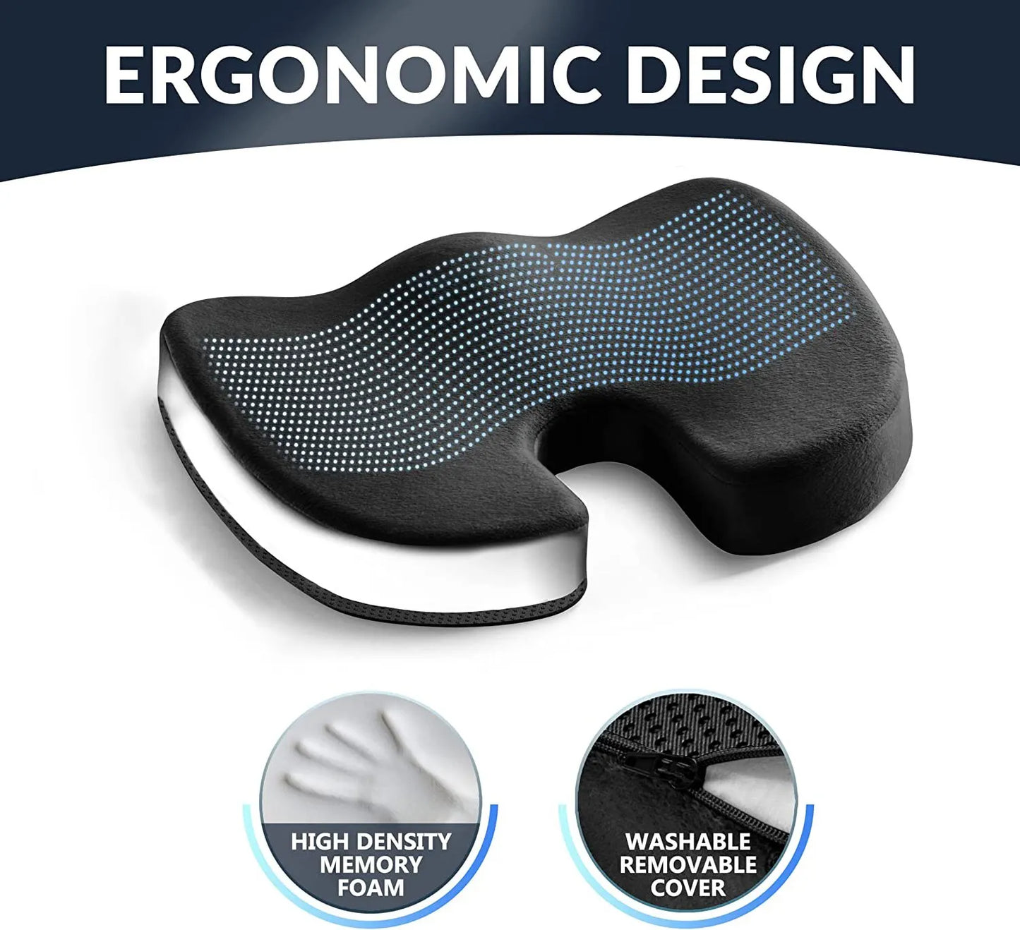 Gel and memory foam seat cushion. Reduces coccyx pressure, improves posture, and supports back and hips for all-day relief.