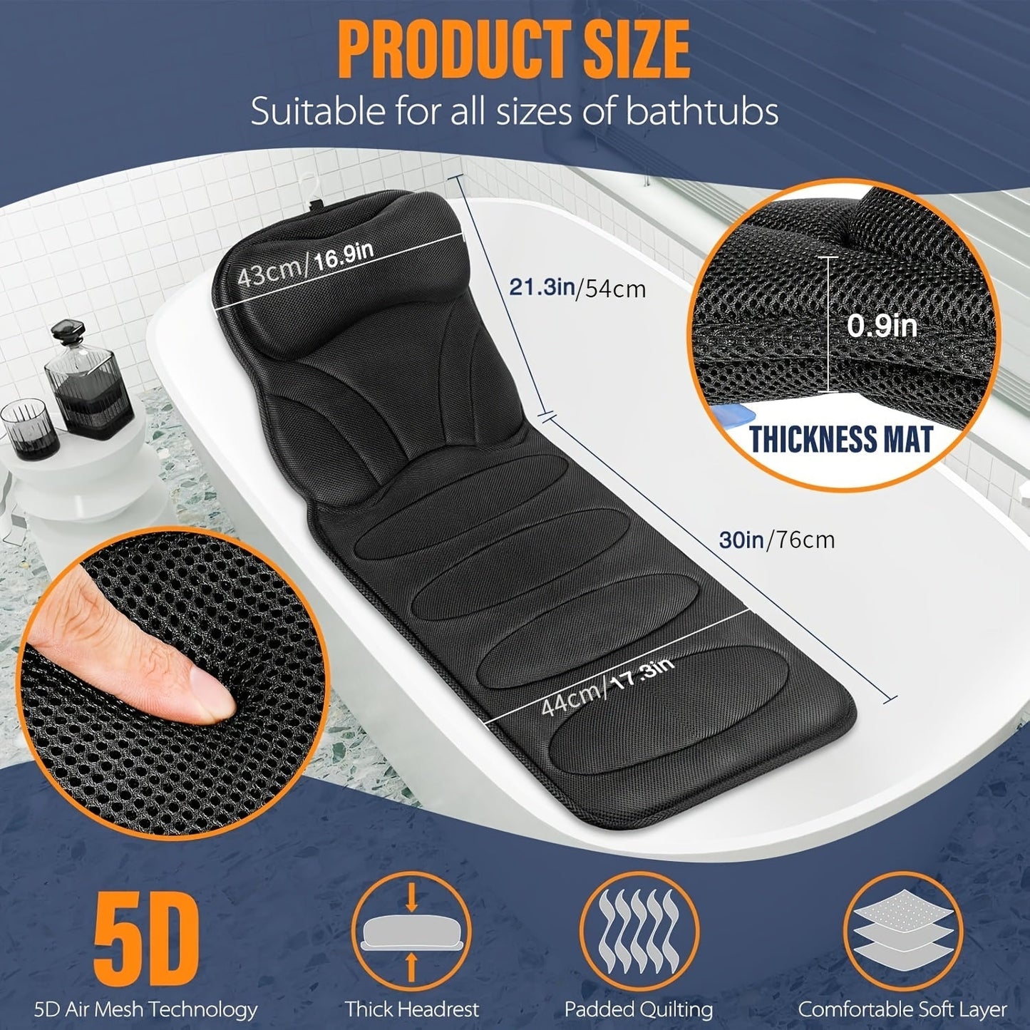 5D Mesh Bathtub Pillow Mat with Suction Cups-2