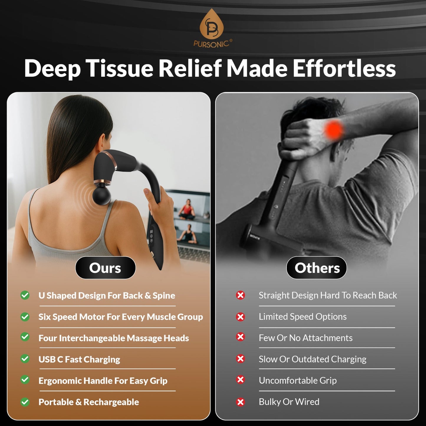 Deep Tissue Percussion Massager with 6 Speeds, 4 Heads
