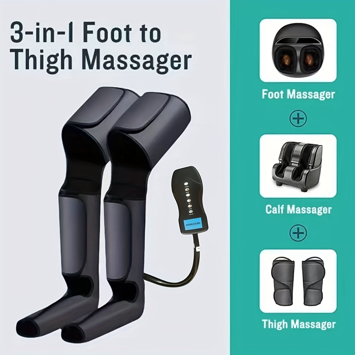 Rechargeable Air Compression Leg and Foot Massager with adjustable speed control. Portable relief for fibromyalgia, tension, and daily muscle fatigue.