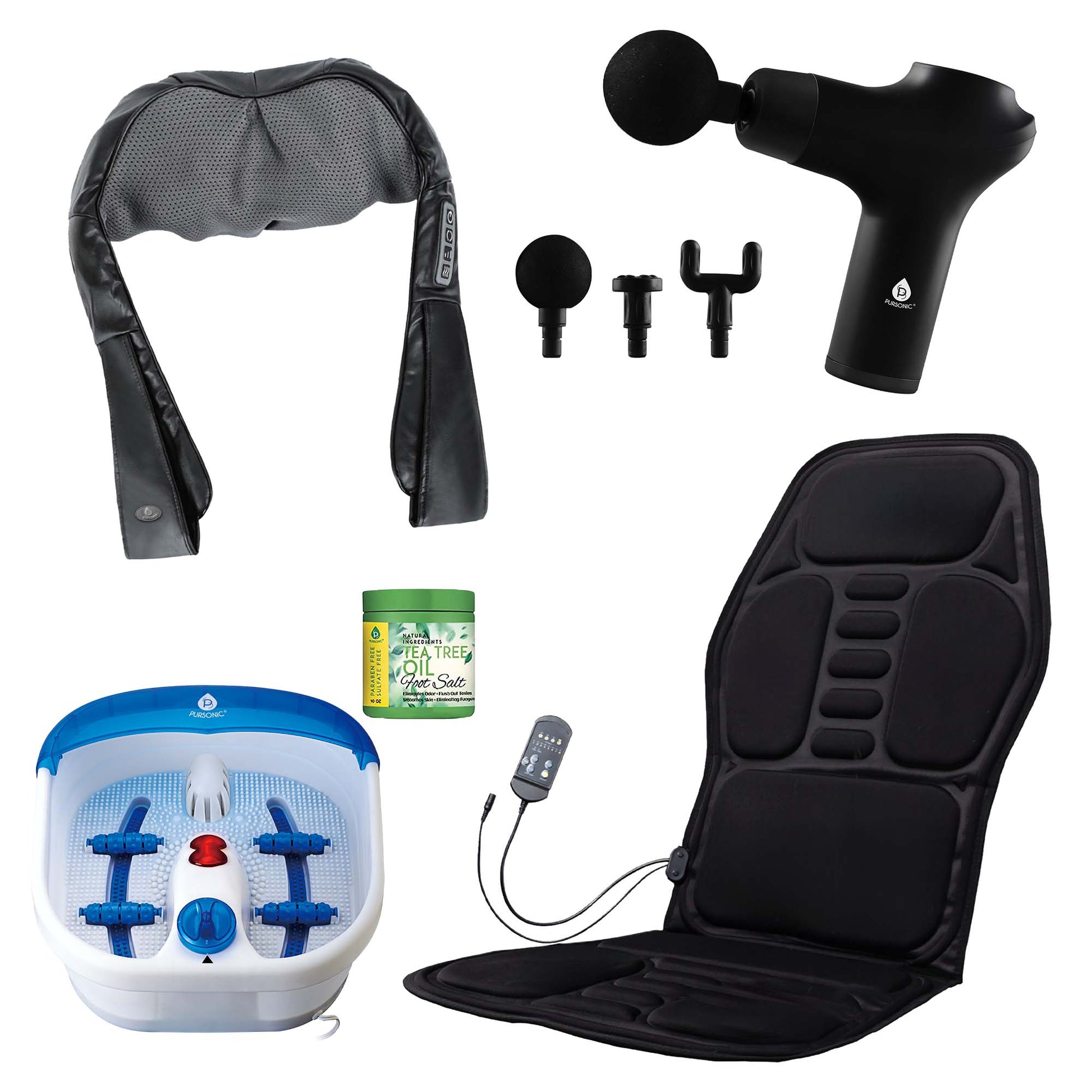 Foot Spa Massager + Tea Tree Oil Salt Scrub, Shiatsu Heating Neck + Back Massager, Heated Vibration Chair Cushion, Cordless 3-Speed Massage Gun 
