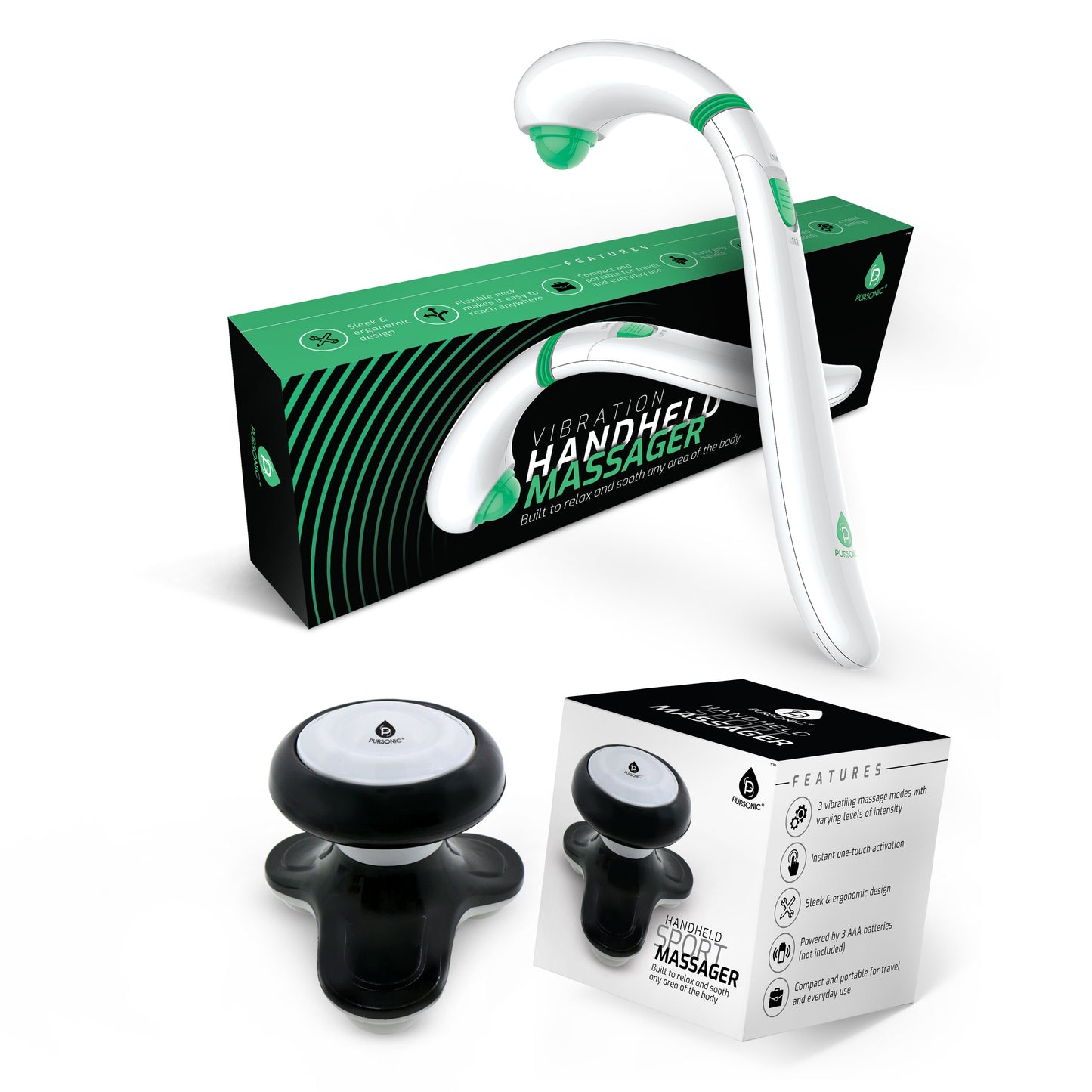 Handheld massager bundle with vibration and spot relief tools. Relieve tension, improve circulation, and enjoy portable muscle recovery anywhere.