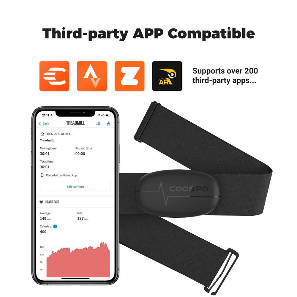Dual-mode Bluetooth and ANT+ heart rate monitor strap. Tracks real-time data with ±1 BPM precision. Compatible with Zwift, Strava, Garmin, and more.