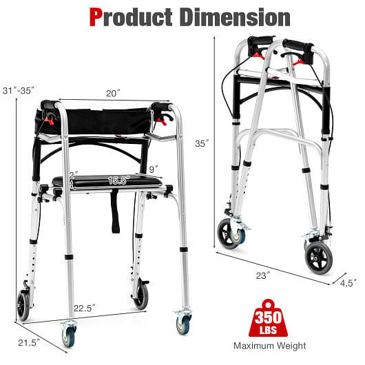 Foldable Aluminum Walker with Seat and Wheels – 350 lb Capacity