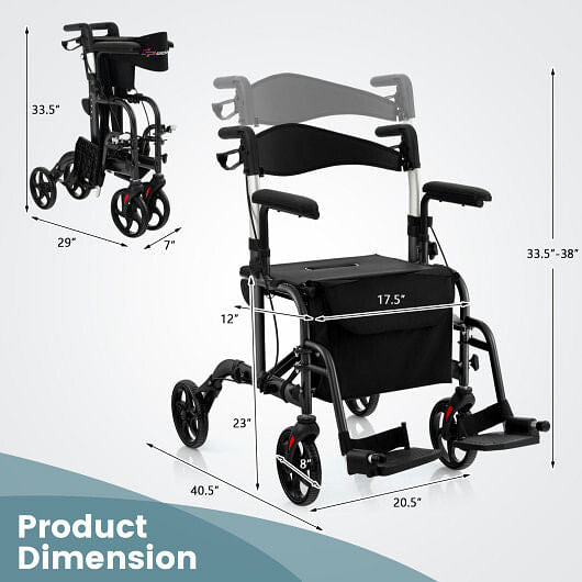 Dimensions of a black rollator with measurements indicated on a white background