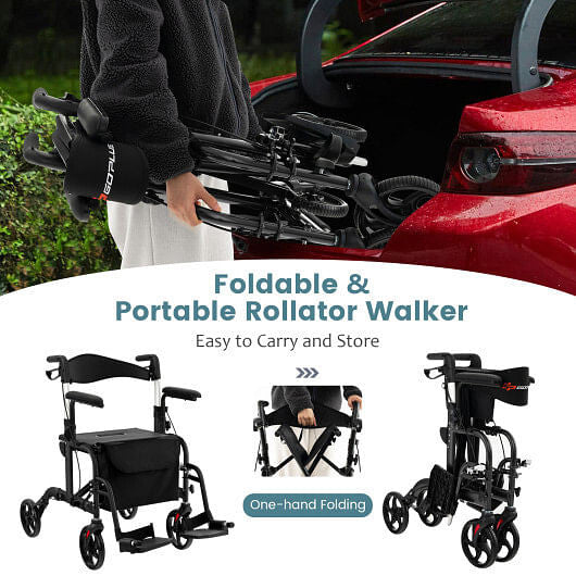Foldable and portable rollator walker being loaded into a car trunk with promotional text.