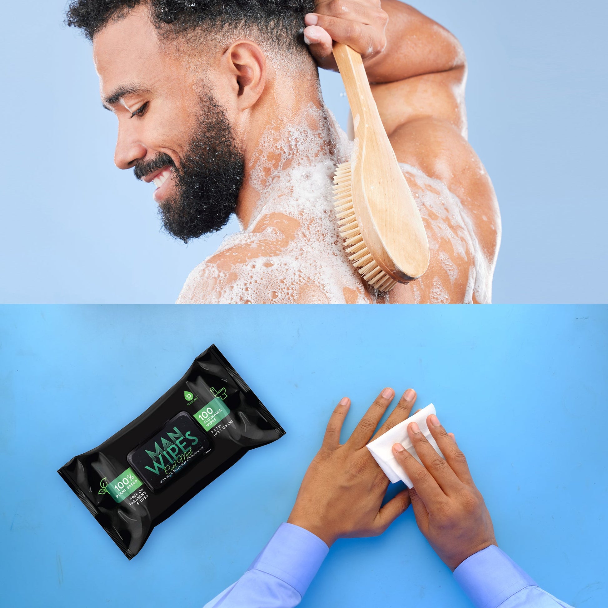 Clean & Refresh Bundle: 1200 Flushable Man Wipes (Mint Scented) - 12 Pack + Bath Body Brush With Long Bamboo Handle-2