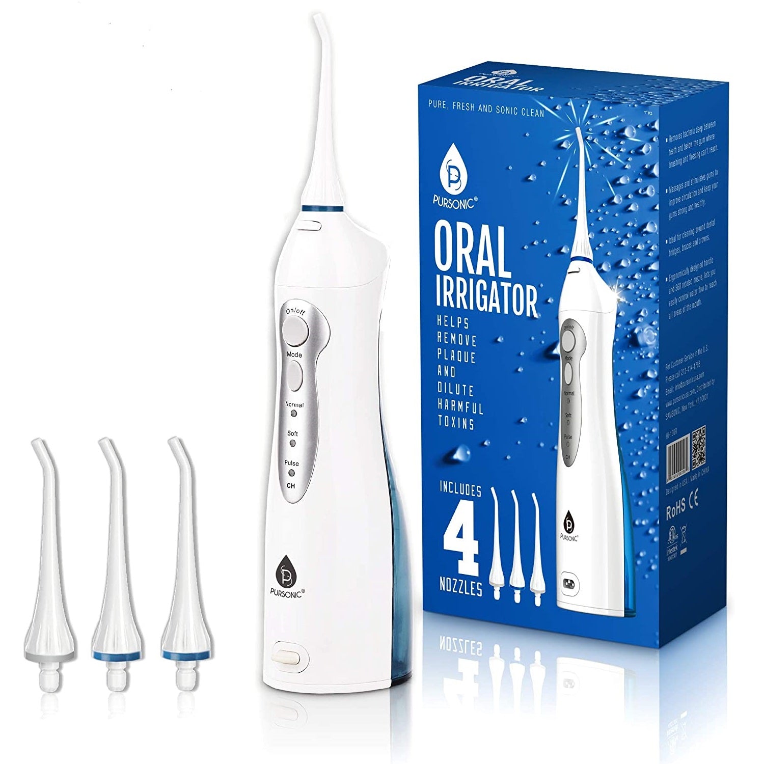 Oral Irrigator with 4 nozzles. Deep cleans between teeth and below gums, promoting strong, healthy gums and fresher breath daily.