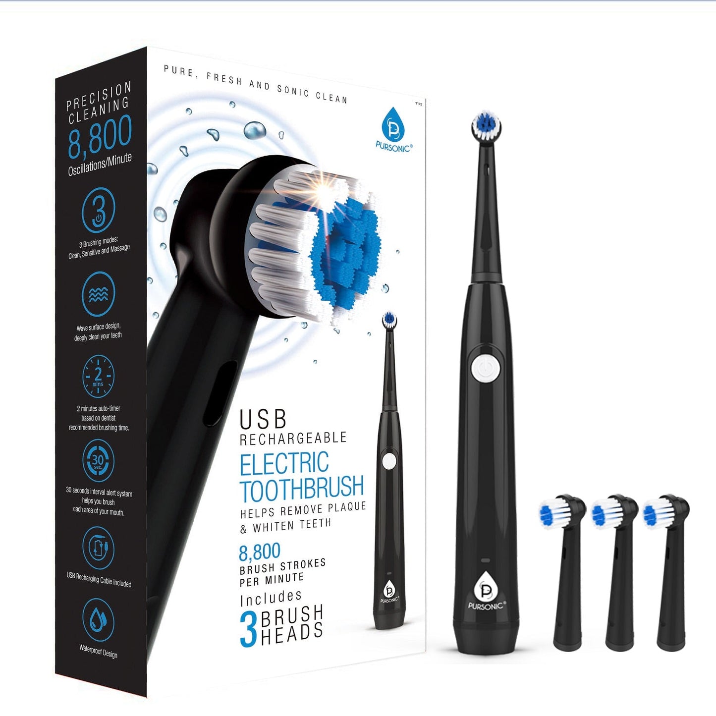 Oscillating Toothbrush – 8,800 Oscillations, 3 Modes, 3 Brush Heads