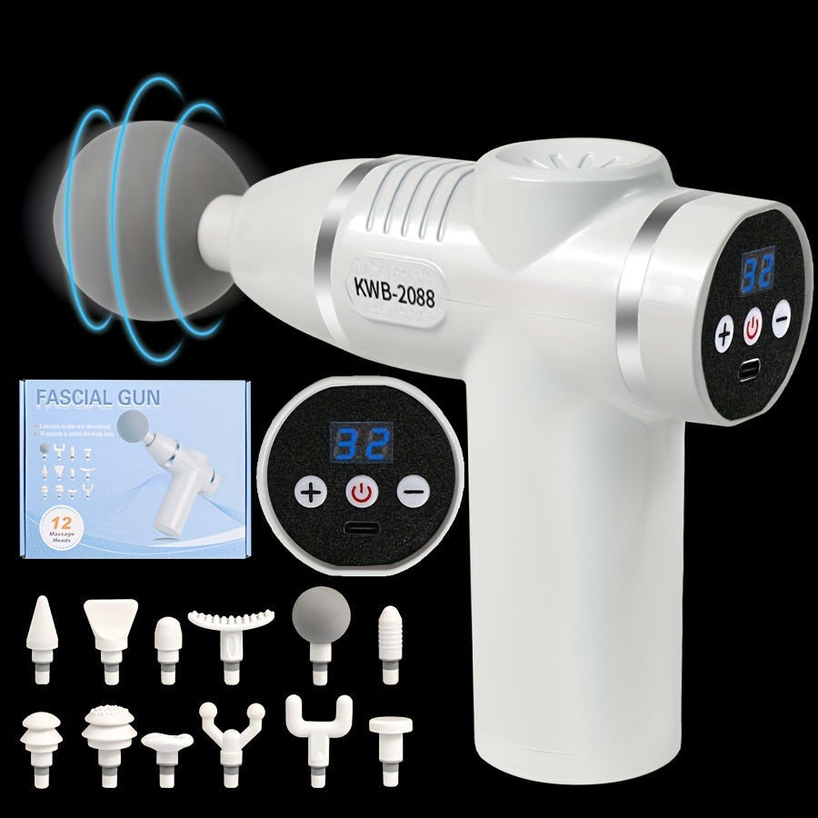Portable 8-Speed Massage Gun with 12 heads and LCD display. Rechargeable, cordless, and perfect for deep tissue relief, recovery, and full-body relaxation.