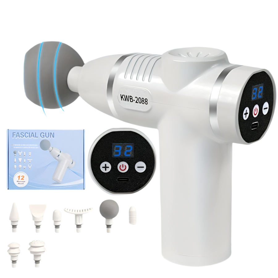 Portable 8-Speed Massage Gun with 12 heads and LCD display. Rechargeable, cordless, and perfect for deep tissue relief, recovery, and full-body relaxation.