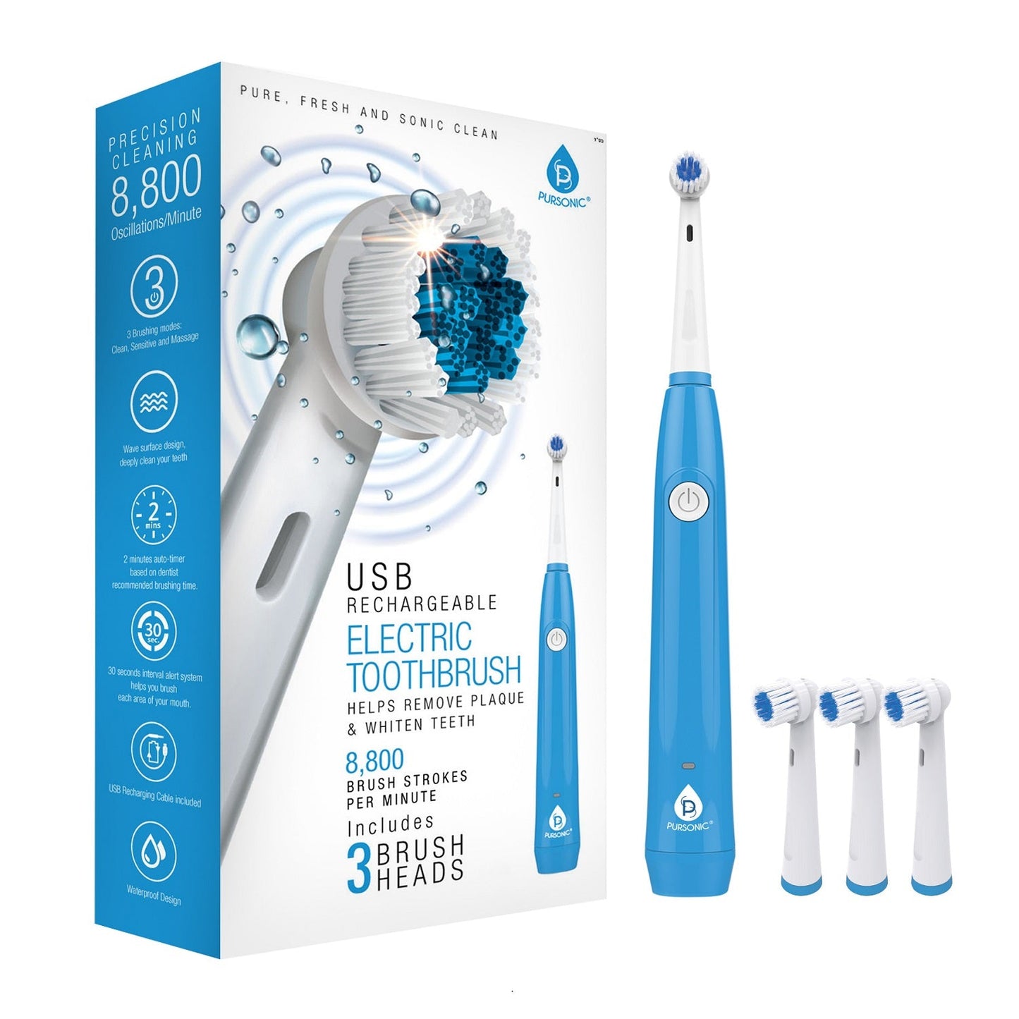 Oscillating Toothbrush – 8,800 Oscillations, 3 Modes, 3 Brush Heads