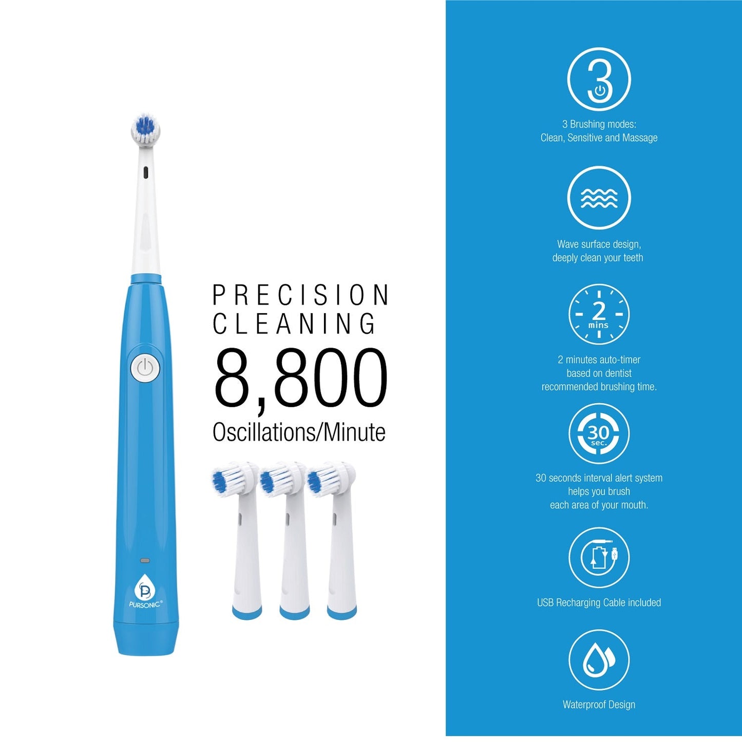 Oscillating Toothbrush – 8,800 Oscillations, 3 Modes, 3 Brush Heads