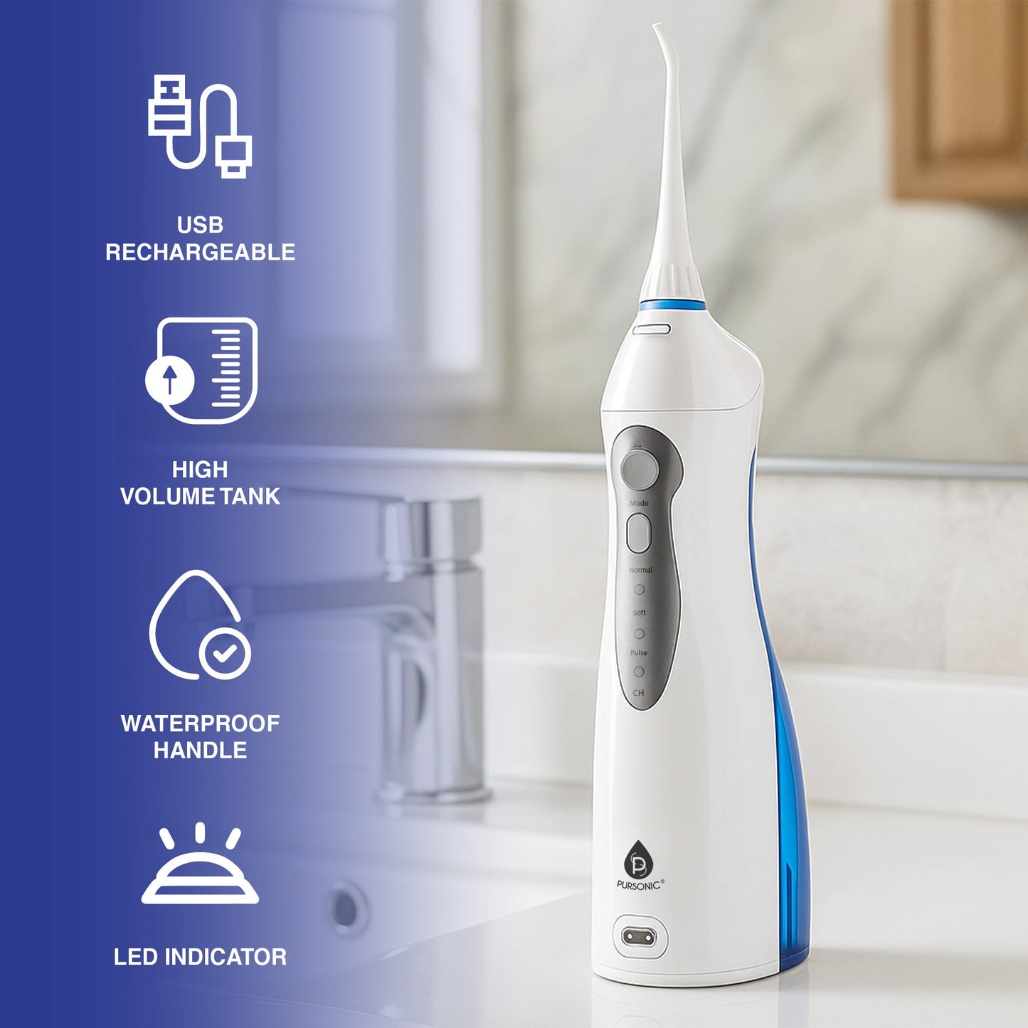 Oral Irrigator with 4 nozzles. Deep cleans between teeth and below gums, promoting strong, healthy gums and fresher breath daily.