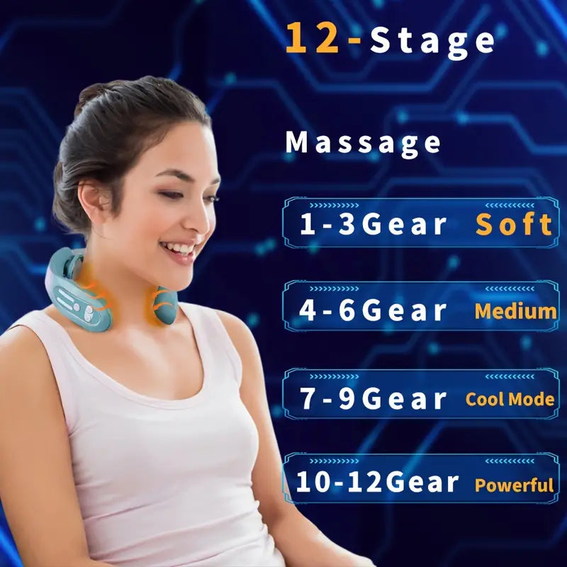 Smart Heated Cervical Neck Massager with 12 massage stages. Promotes circulation, reduces wrinkles, and relieves neck tension with USB rechargeable design.