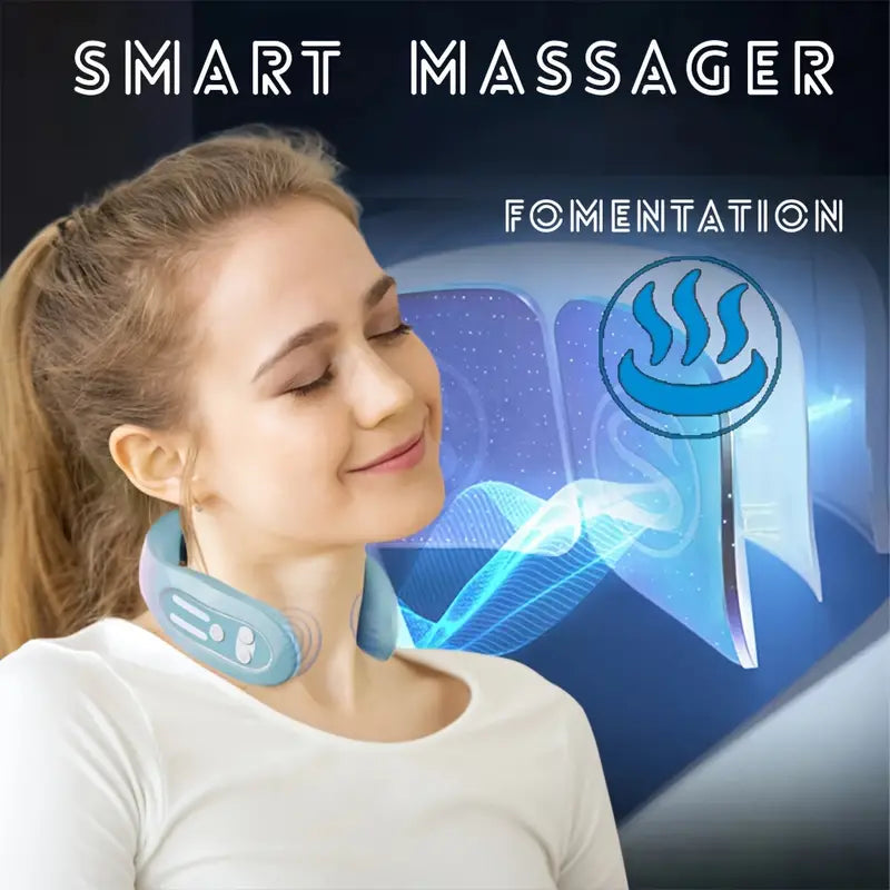 Smart Heated Cervical Neck Massager with 12 massage stages. Promotes circulation, reduces wrinkles, and relieves neck tension with USB rechargeable design.